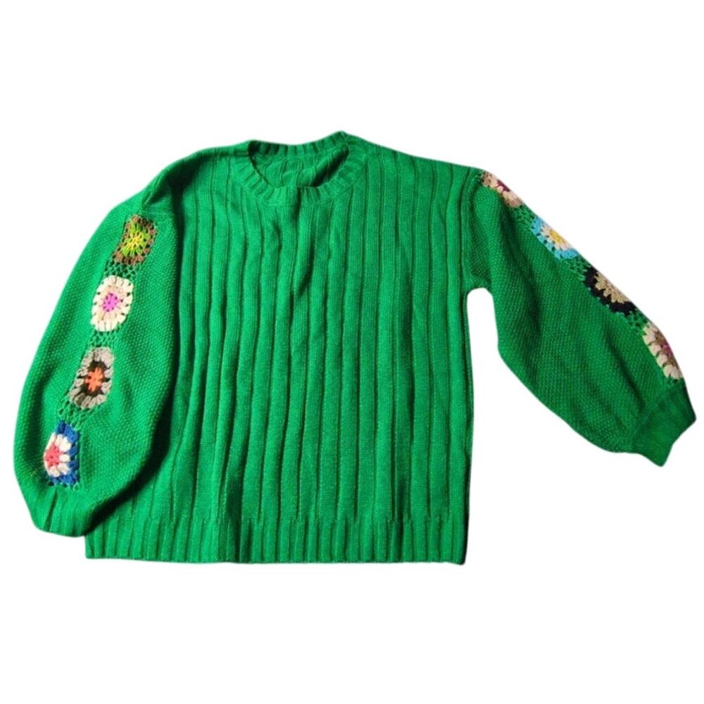 Green Ribbed Knit Pullover Sweater Crochet Granny Square Inset Sleeves Medium
